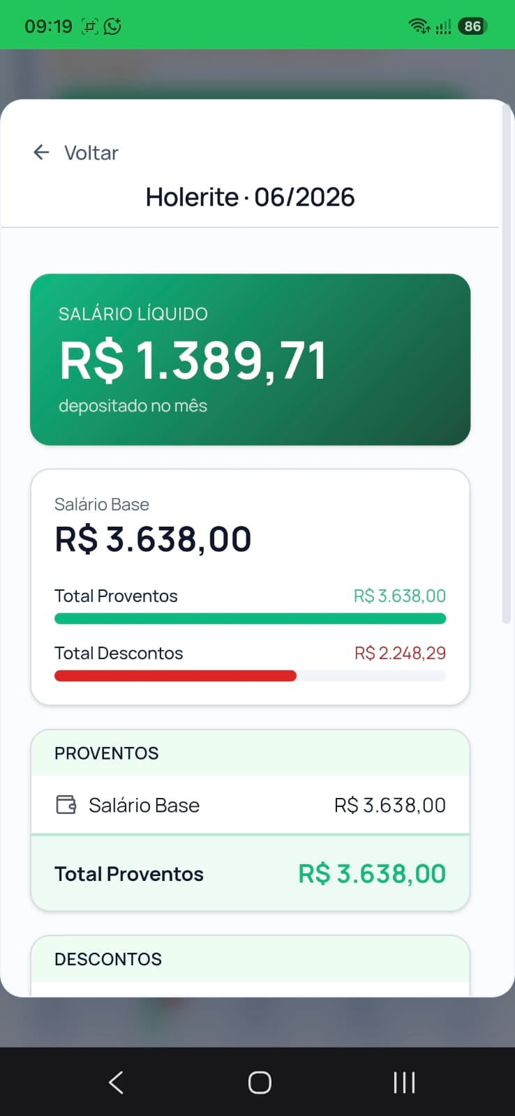 Tela do MeuSalário.app mostrando holerite do colaborador