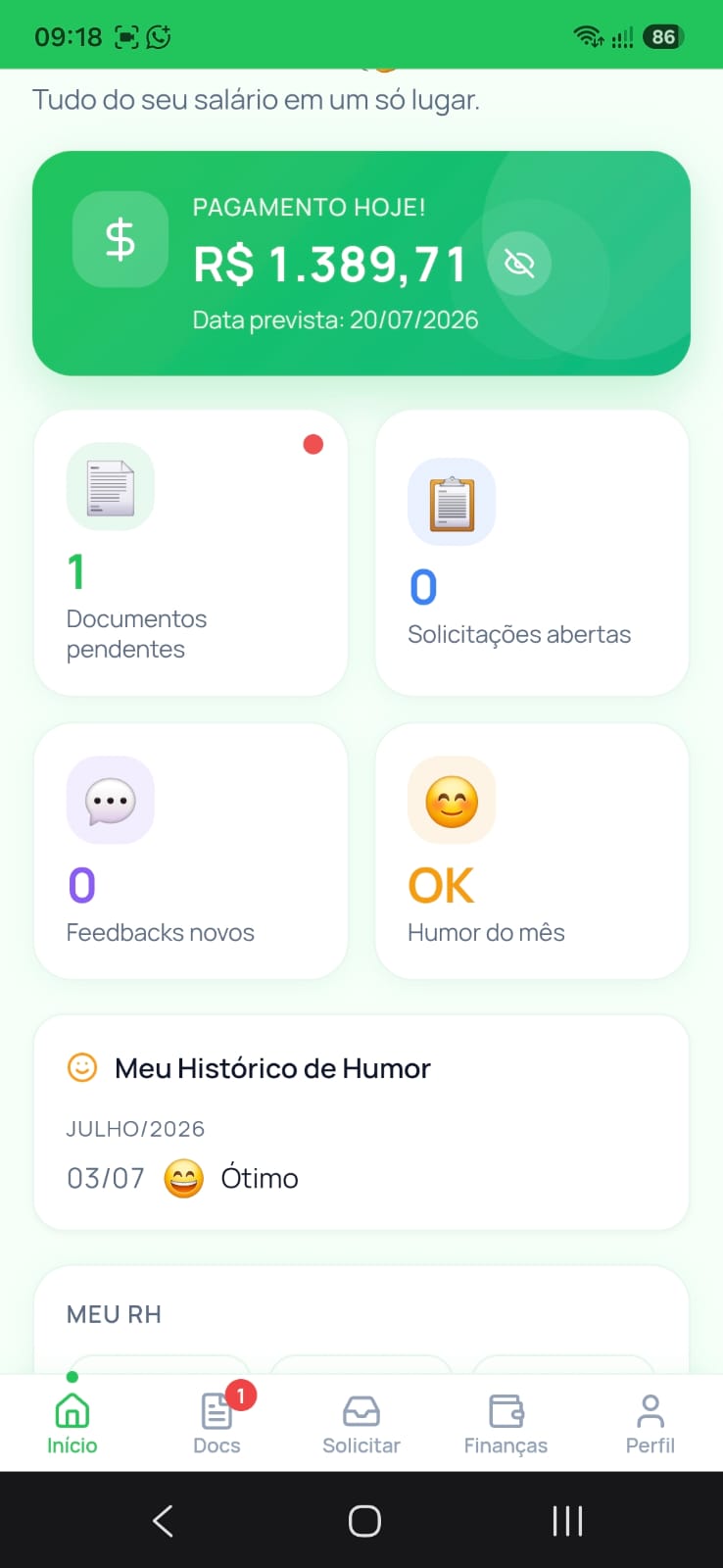 Tela inicial do MeuSalário.app no celular do colaborador