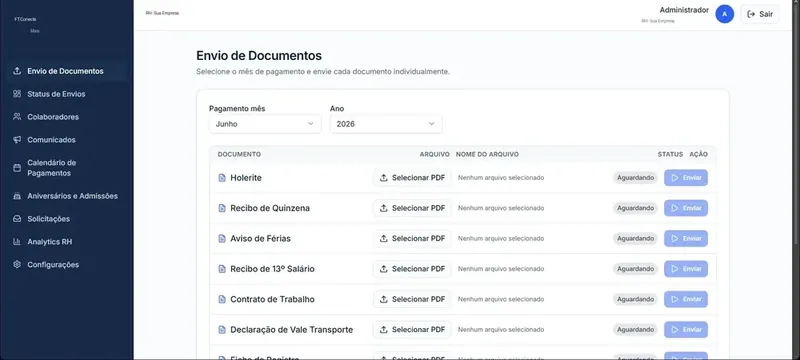 Tela de upload da folha no portal Conecta+RH